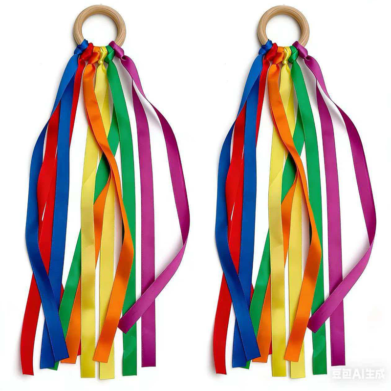 Gymnastic Rings Wooden - Rainbow Hand Kites Wands Montessori Ribbon